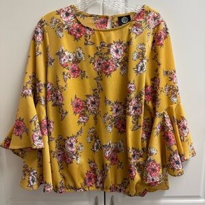 Bobeau Mustard Yellow Large Floral Bell Sleeve Blouse | Boho Peasant Top